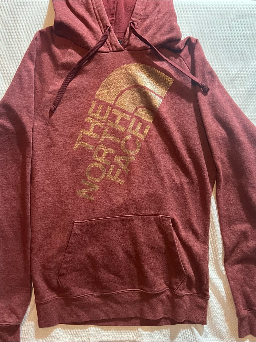 The North Face Maroon Hoodie with Gold Logo